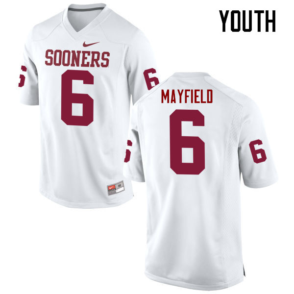 Youth Oklahoma Sooners #6 Baker Mayfield College Football Jerseys Game-White - Click Image to Close
